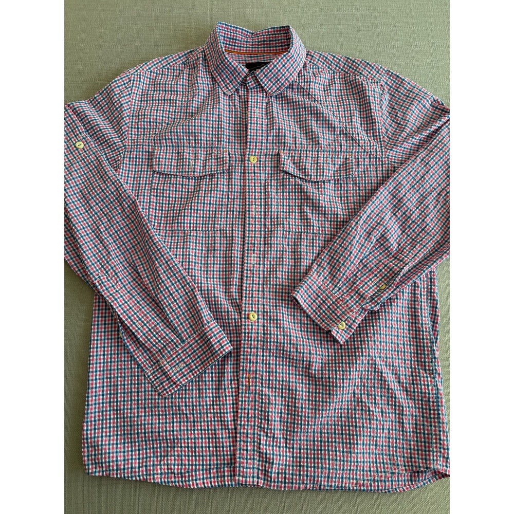 Orvis Men's Red Blue Plaid Seersucker Long Sleeve Fishing Shirt Size M